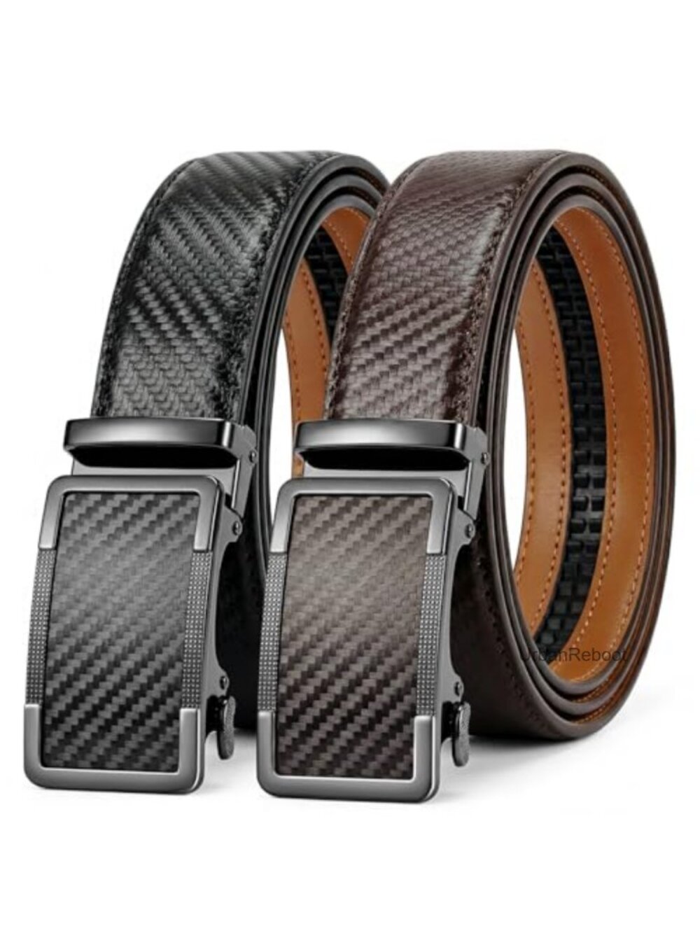 Men's Leather Ratchet Belts 2 Pack Adjustable Slide Buckle No Holes